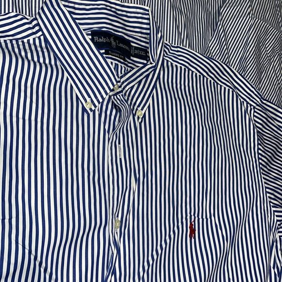 2-Blue Stripe Polo by Ralph Lauren w/ Pony mens Dress Business work shirt 18 XXL - Picture 3 of 9